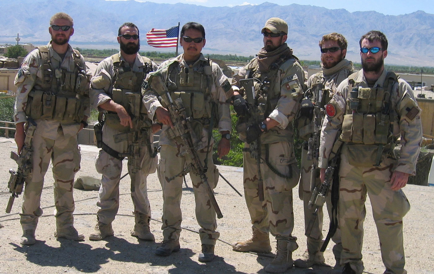 Navy SEALs (Sea, Air, Land) operating in Afghanistan in support of Operation Enduring Freedom. From left to right: Sonar Technician Surface 2nd Class (SEAL) Matthew G. Axelson, 29, of Cupertino, Calif.; Information Systems Technician Senior Chief (SEAL) Daniel R. Healy, 36, of Exeter, N.H.; Quartermaster 2nd Class (SEAL) James Suh, 28, of Deerfield Beach, Fla.; Hospital Corpsman Second Class (SEAL) Marcus Luttrell; Machinist Mate 2nd Class (SEAL) Eric S. Patton, 22, of Boulder City, Nev.; Lt. (SEAL) Michael P. Murphy, 29, of Patchogue, N.Y.